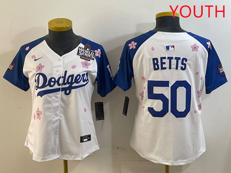 Youth Los Angeles Dodgers #50 Betts White Blue Sakura Edition 2025 Nike MLB Jersey style 3